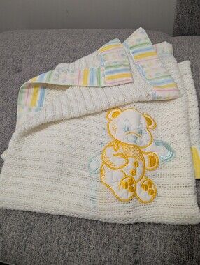 Teddy Baby Blanket in Yellow With Pastel Stripes Trim. Waffle Weave. Vintage.